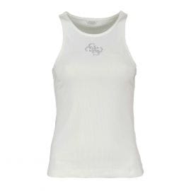 Canotta Guess Donna Tank 4G All Over, Bianca, Scollo Rotondo, Decorazione Strass, 95% Cotone 5% Elastan, Originale, Taglia L