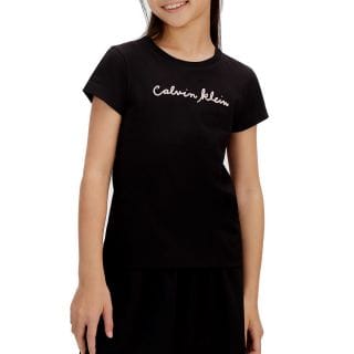 Calvin Klein Lv1cksja17g T Shirt Script Logo Bambina Abbigliamento Bambino Junior