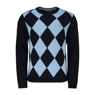 Sun 68 K44180 Maglione Girocollo In Lana E Cachemire Argyle Casual Uomo