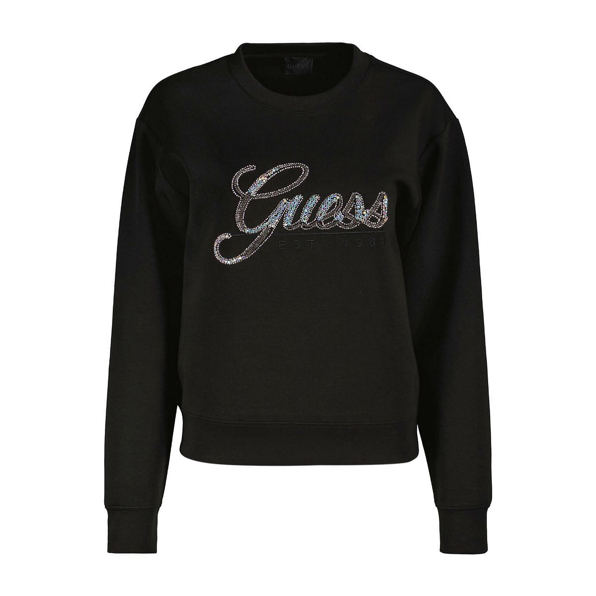 GUESS FELPA GIROCOLLO LOGO STRASS 048163601 JBLK JET BLACK A996 Felpe Casual Donna Moda