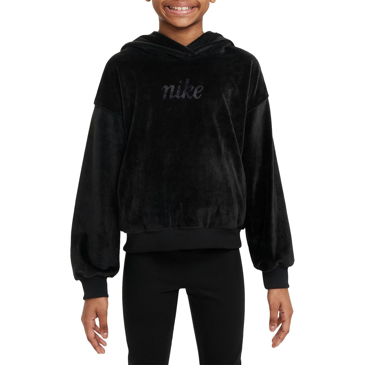 NIKE FELPA CON CAPPUCCIO COZY VELLUTO BAMBINA 049855601 010 BLACK ANTHRACIT Felpe Abbigliamento Bambino Moda